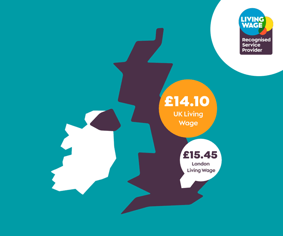 Graphic map showing UK wage figures with Living Wage badge.